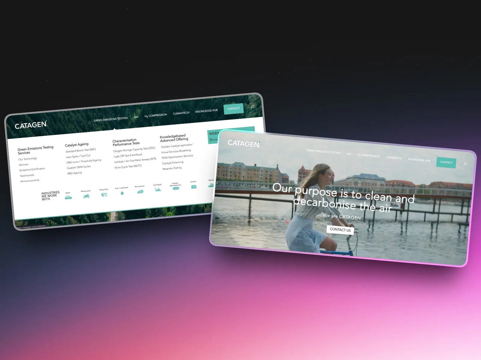Catagen homepage on desktop, showing the emissions testing hero and services navigation