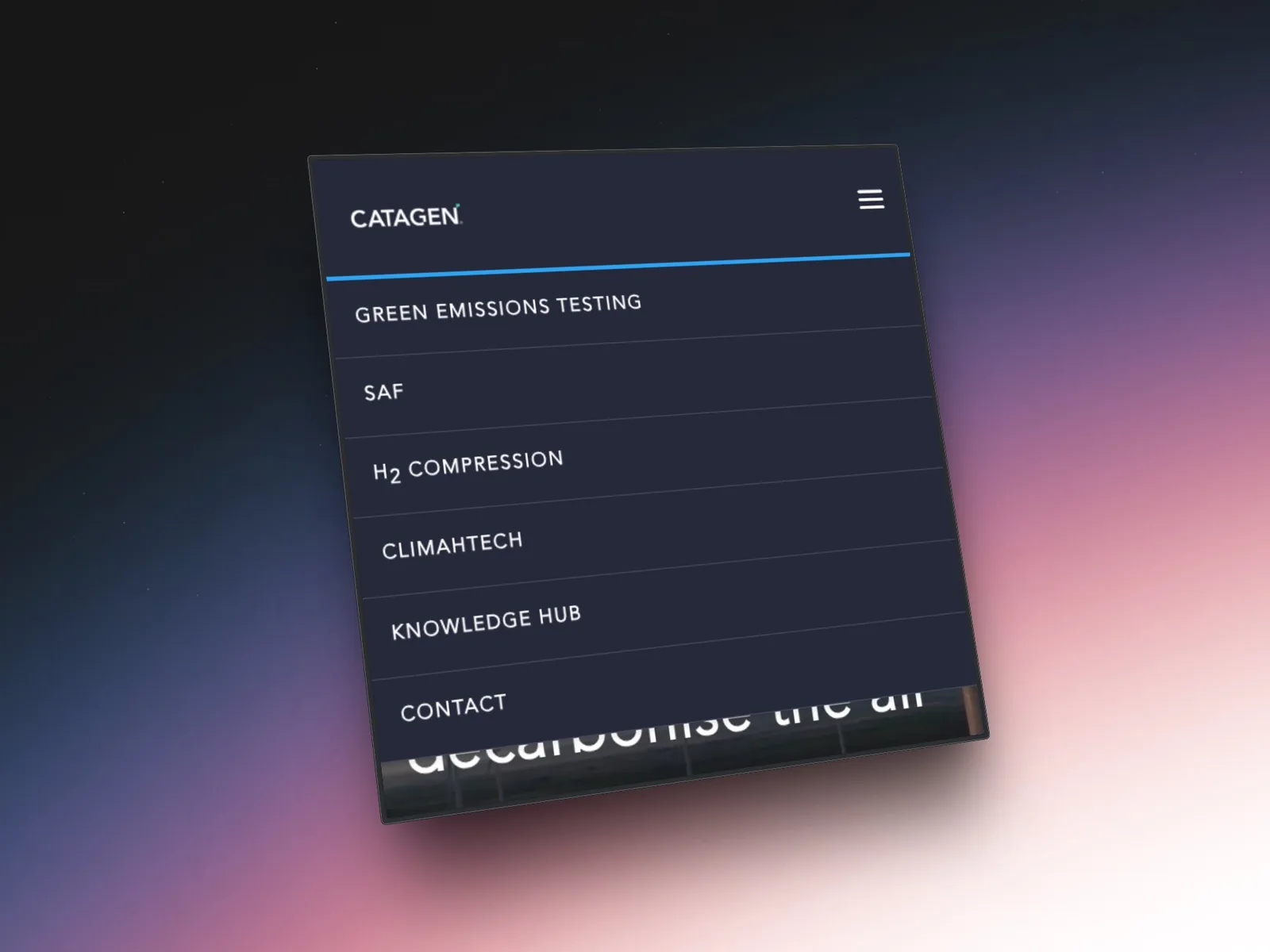 Catagen mobile navigation menu expanded
