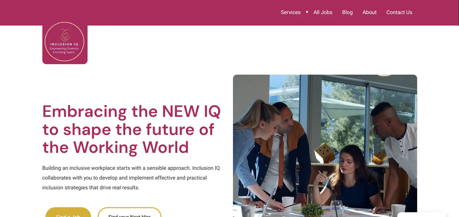 InclusionIQ homepage on desktop, showing the recruitment and consultancy service lines